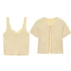 PB&ZA2025 Women's Summer New Crew Neck Short Sleeve Sequin Knit Cardigan Top and Crew Neck Sleeveless Sequin Knit Vest Top