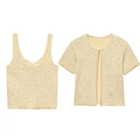 PB&ZA2025 Women's Summer New Crew Neck Short Sleeve Sequin Knit Cardigan Top and Crew Neck Sleeveless Sequin Knit Vest Top