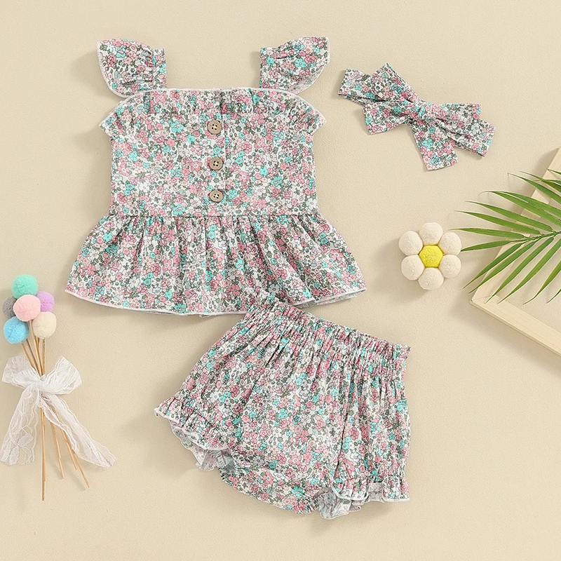 

Baby Girls Shorts Set Fly Sleeve Camisole with Elastic Waist Shorts Headband Floral Summer Outfit