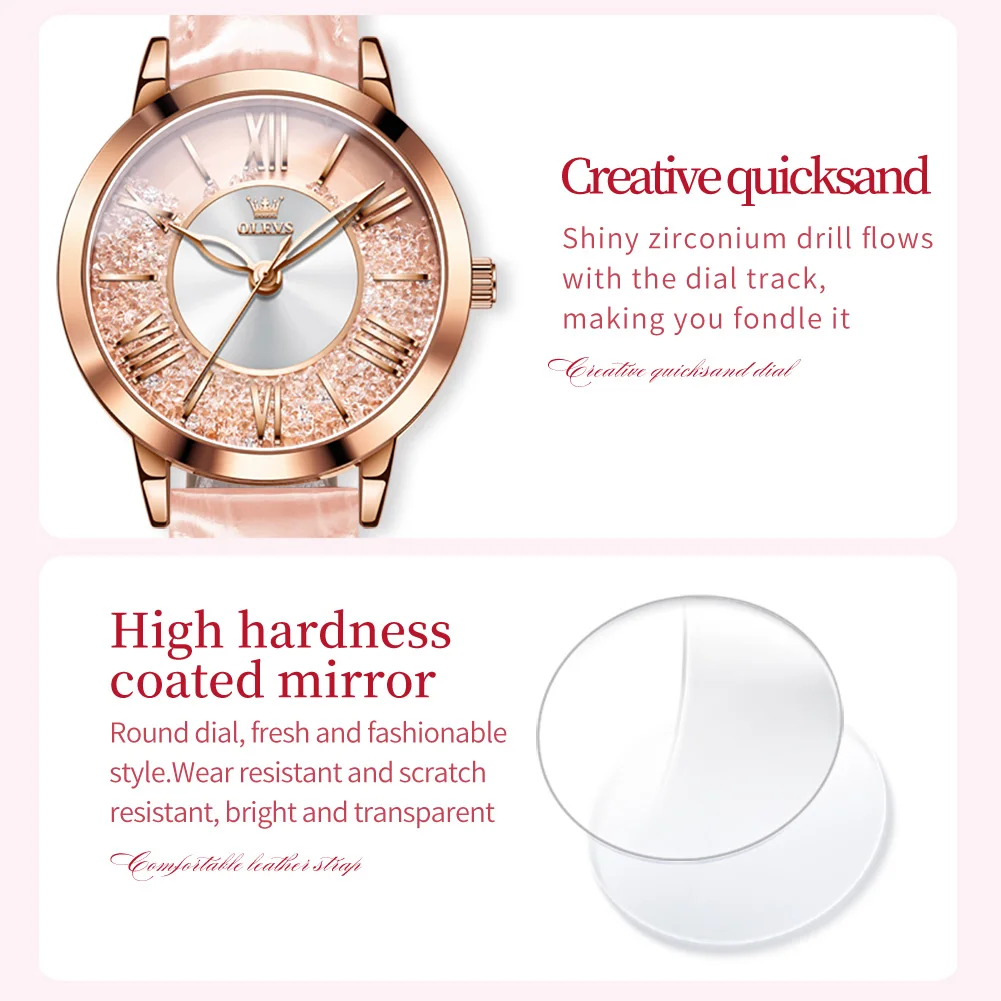 OLEVS 5539 Quartz Watch Woman Flowing Crystal Design Roman Numeral Scale Ladies Wristwatch Leather Strap Waterproof Womens Watch 2