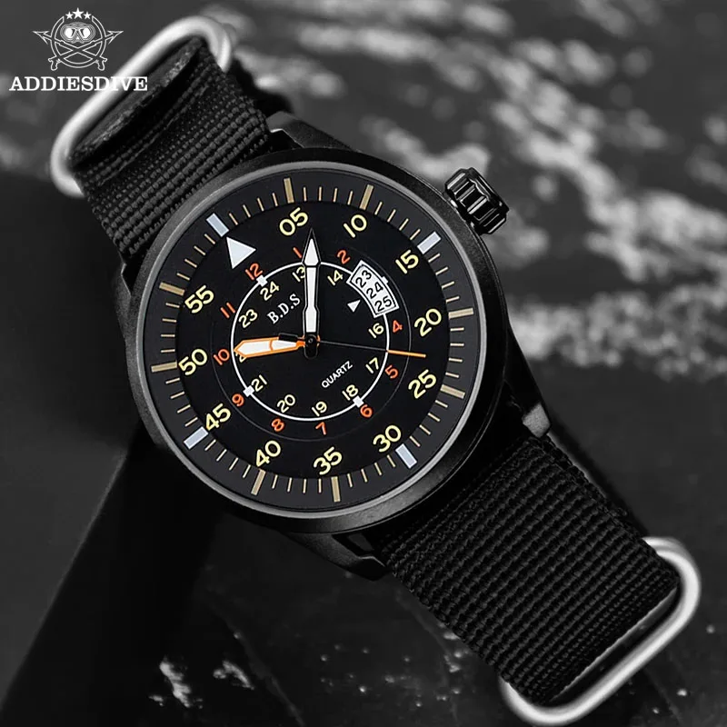 Addiesdive Sports Orologio Al Quarzo Da Uomo Round Hardlex Dial Window Cinturino In Nylon 50M Diving Waterproof Wirstwatches Relogio Masculino