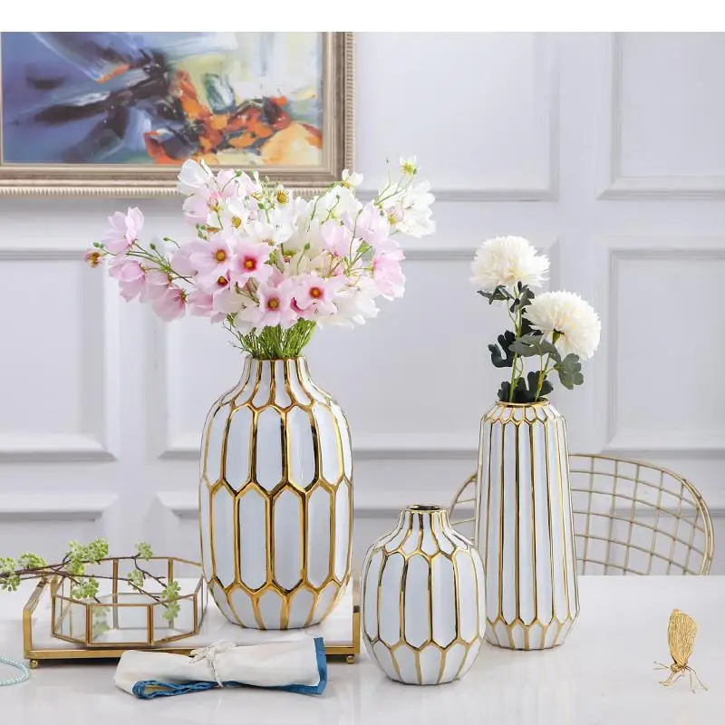 

Ceramic Vase White Geometry Gold Stripes Flower Arrangement Hydroponic Accessories Wedding Ceramic Crafts Modern Home Decoration