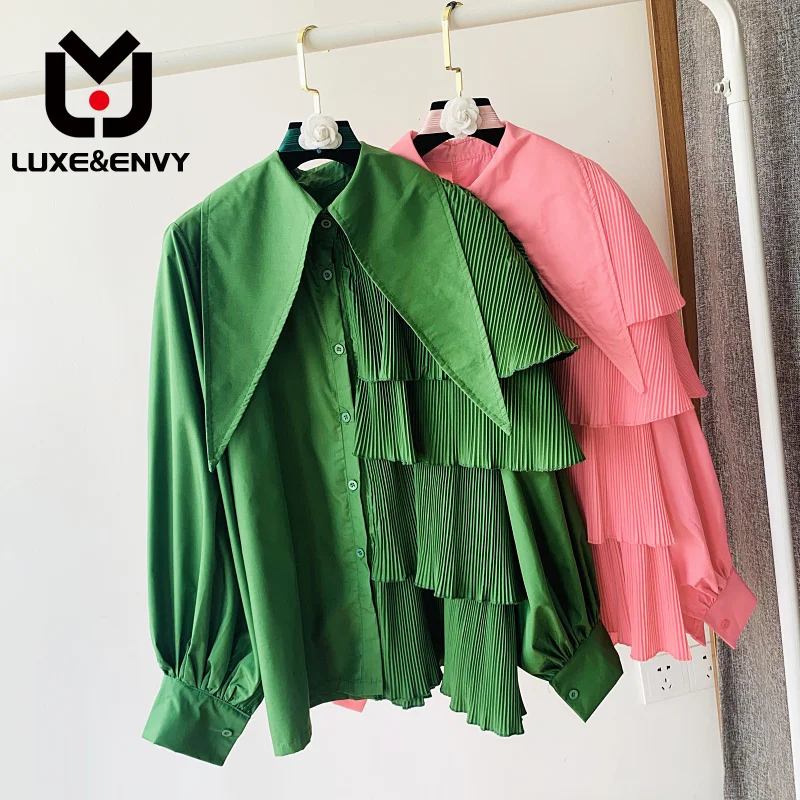 

LUXE&ENVY New Women's Polo Collar Ruffled Loose Large Lantern Sleeves Multi Pleated Long Sleeve Top Shirt 2023 Autumn