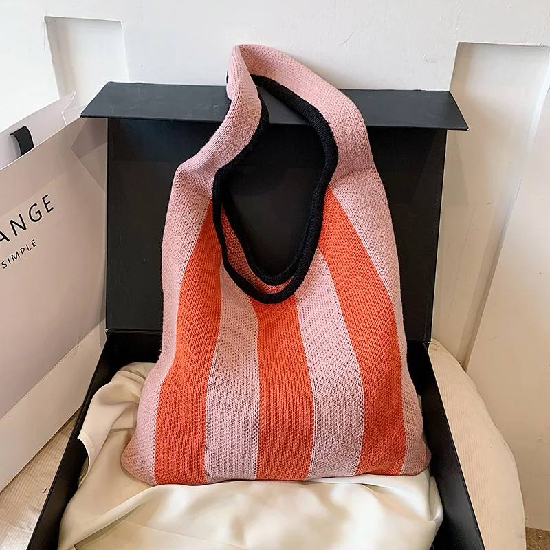 

Осенне-зимняя женская сумка из вязаной ткани в полоску, эко-маленькая сумка для покупок, контрастные цвета, тканевая сумка-тоут для дам