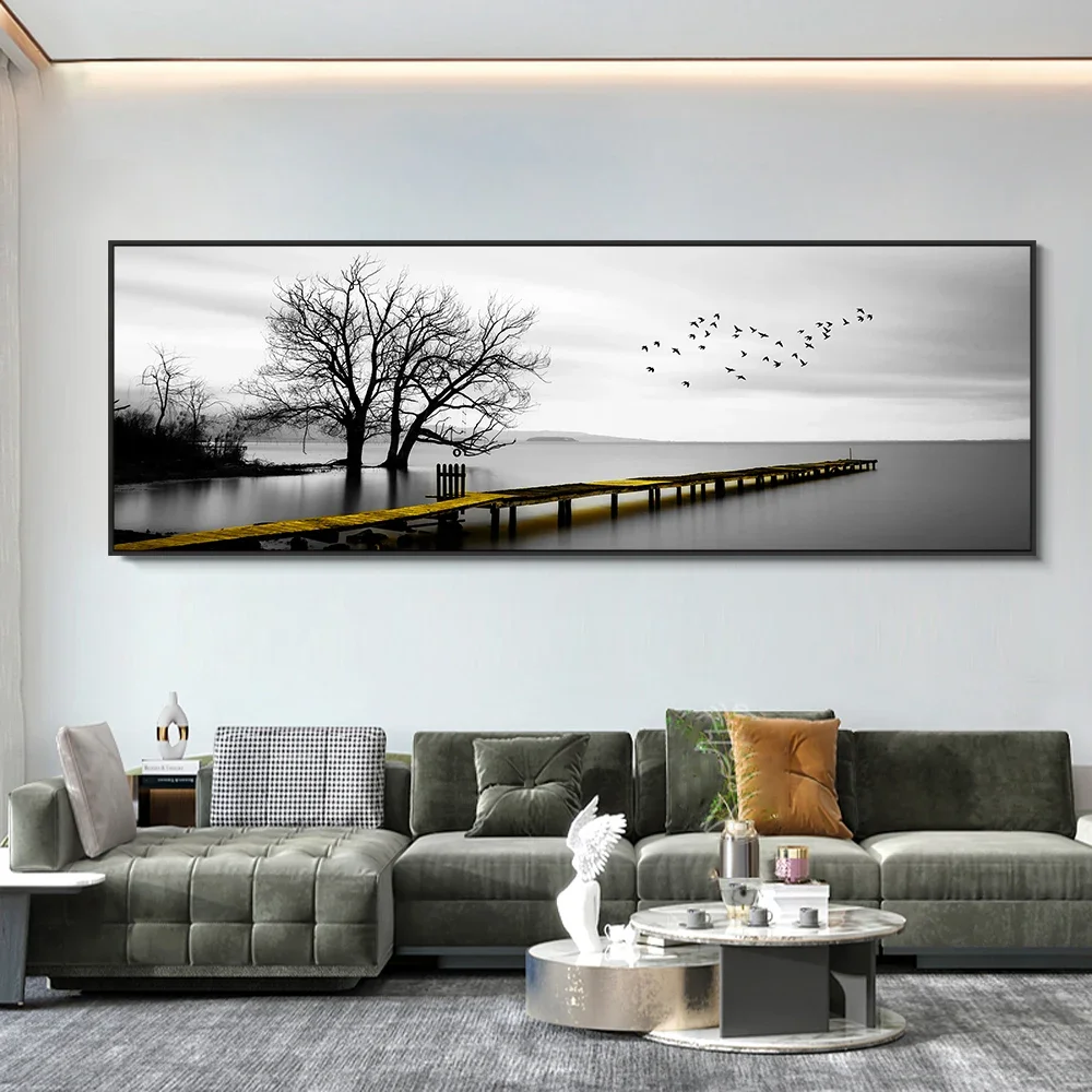 

Wall Landscape Canvas Painting Posters and Prints Seaside Golden Wooden Bridge Canvas Painting Bedroom Home Decor