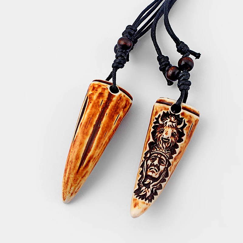 12pcs/lot Portrait Totem Wolf Tooth Pendant Necklace Immitation Yak Bone Resin Charms Necklaces Unisex Fashion Jewelry Choker