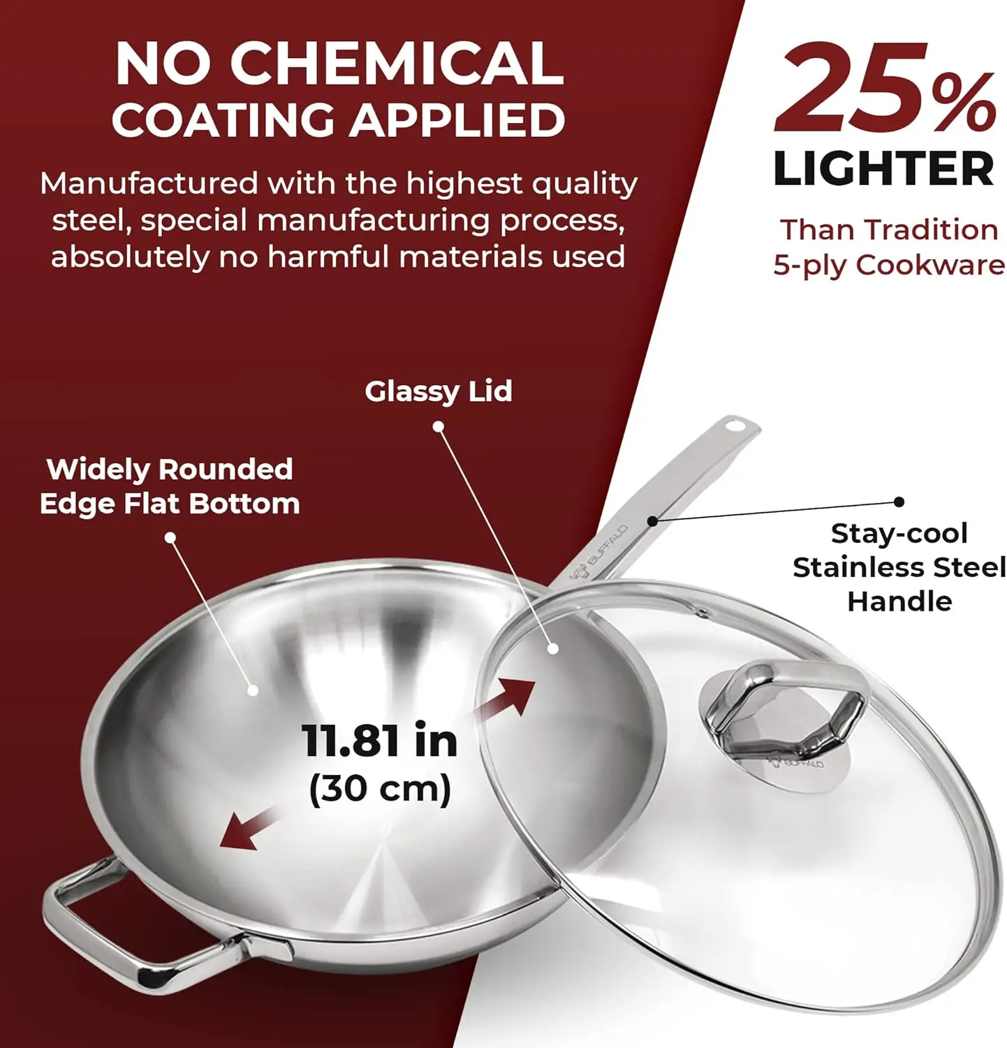 Clad Stainless Steel Wok Pan with Lid Flat Bottom 12 inch (30cm) - Small Stir Frying Pan with Stay-Cool Long Handle - Tr 4