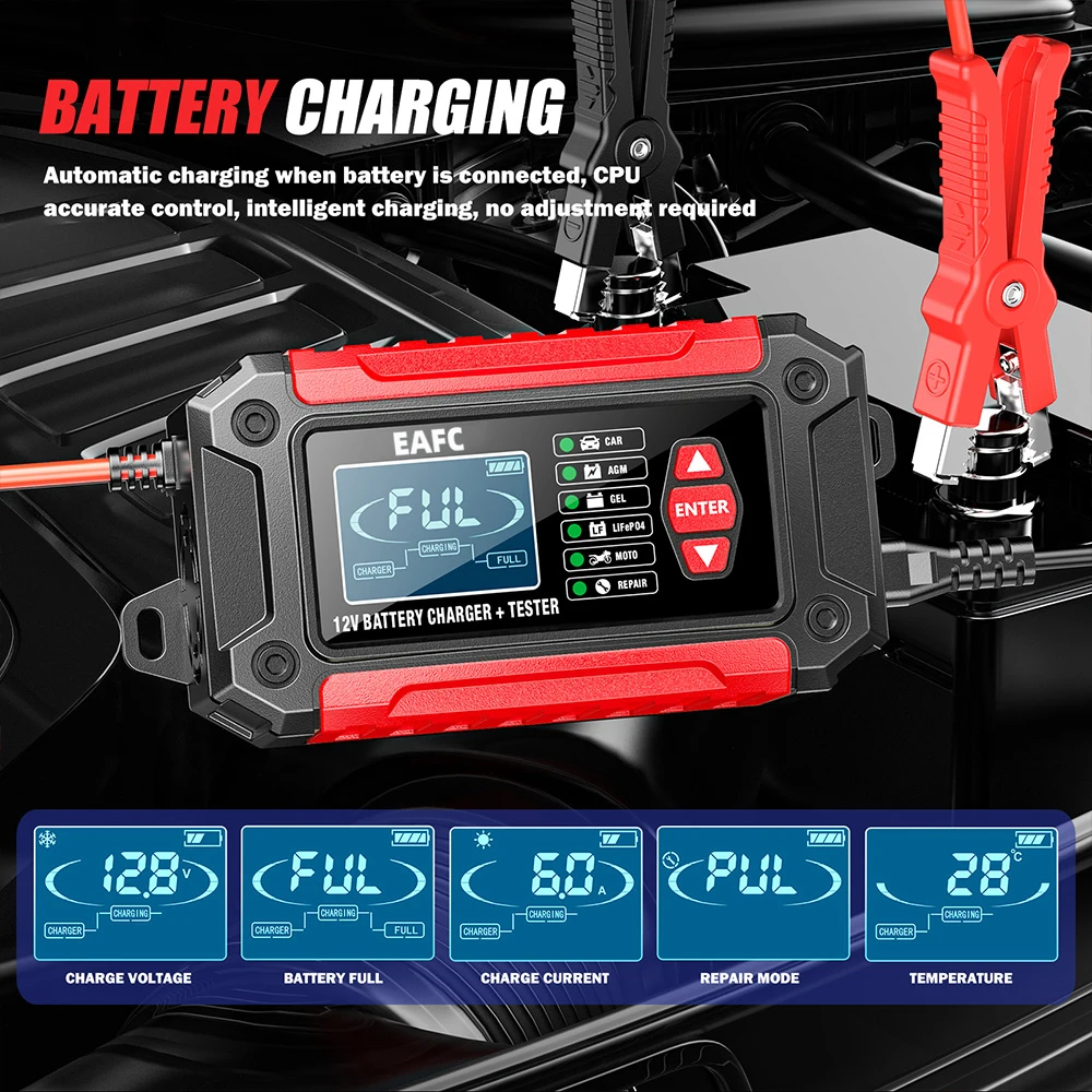 EAFC Vollautomatisches Autobatterieladegerät und Tester, 2-in-1-LCD-Display, 12 V, 6 A, SmartCharger für AGM/Tiefzyele/Blei-Säure LiFeP04 – Detail 10