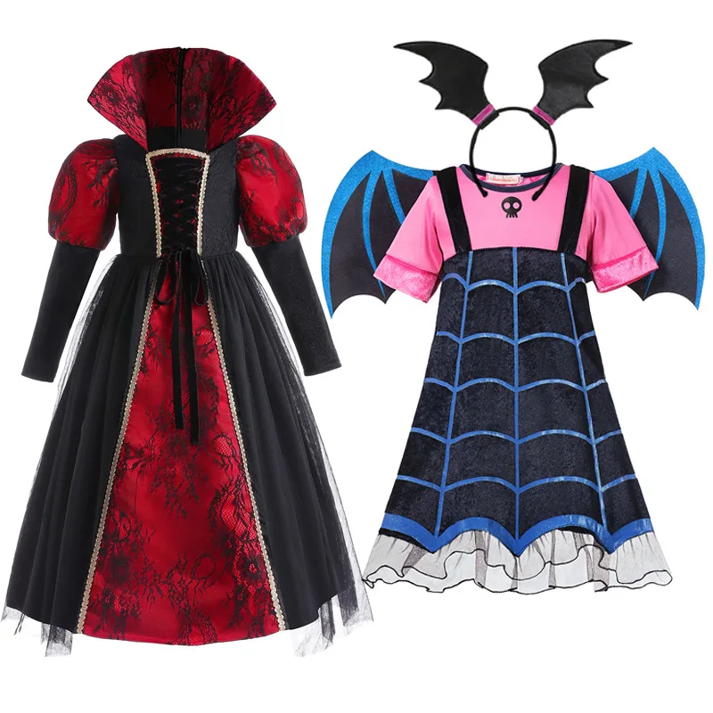Costume Da Vampiro Deluxe Carnival Party Black Trailing Mesh Dress Kids Cosplay Halloween Demon For Girls Boys Clothes Suit