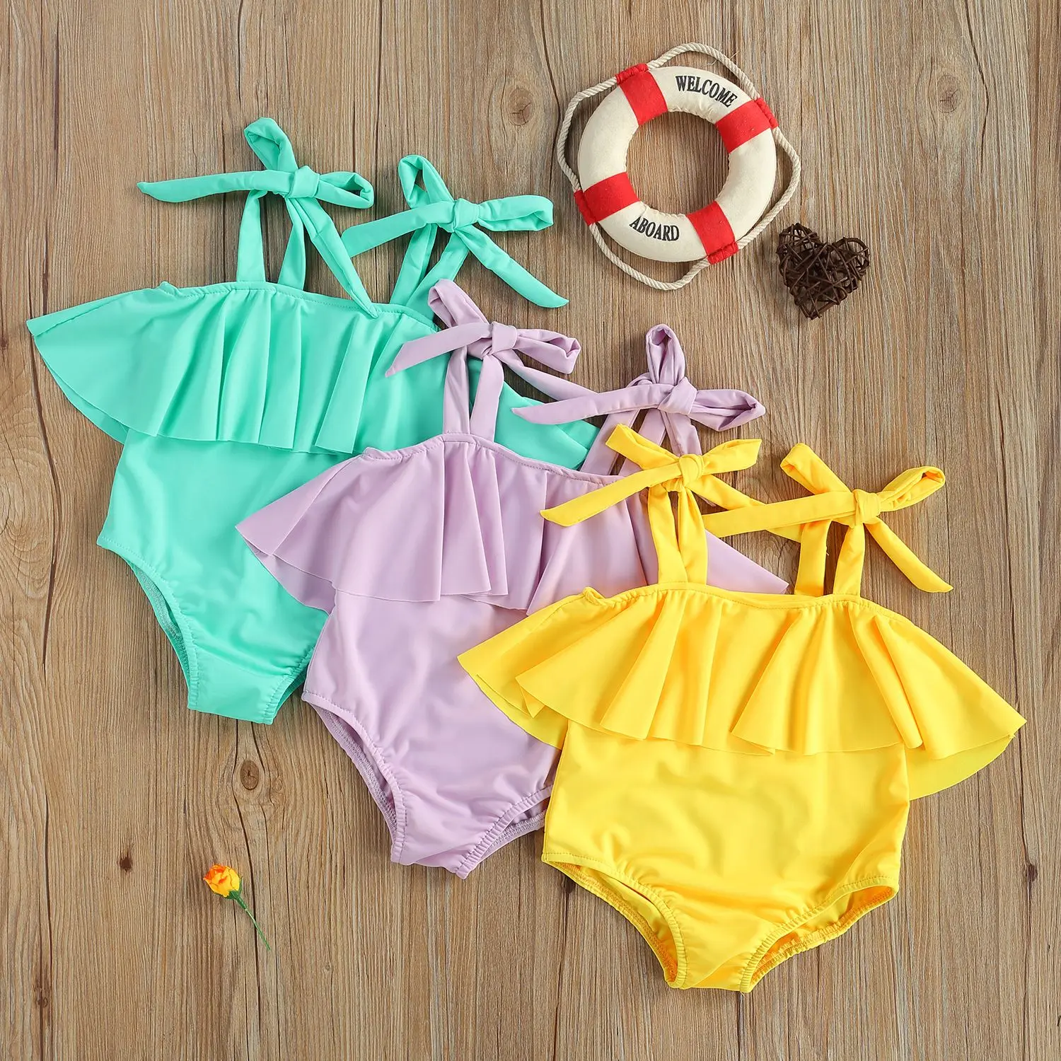 1 5Y Baby Swimsuits Girls Swimwear Kids Beachwear Solid Color Tie up Straps Ruffle Bikini