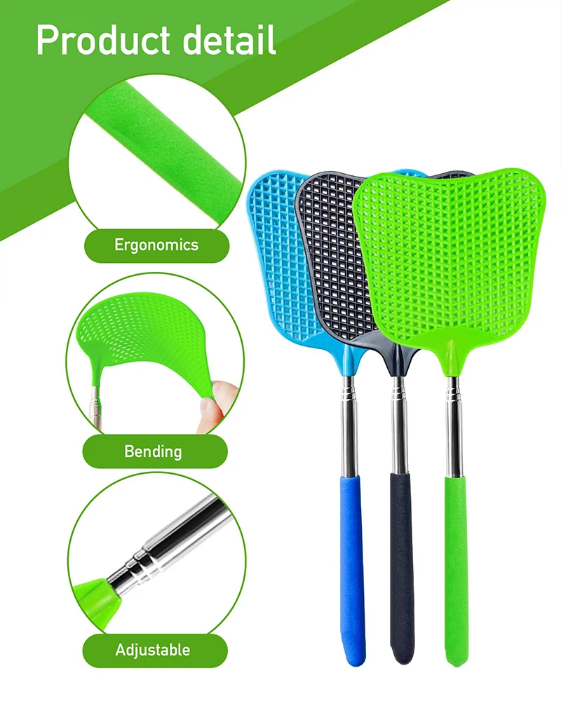 Telescopic  Fly Swatter Plastic Large Bug Swatter That Work with Stainless Steel Extendable Handles for Indoor and Outdoor