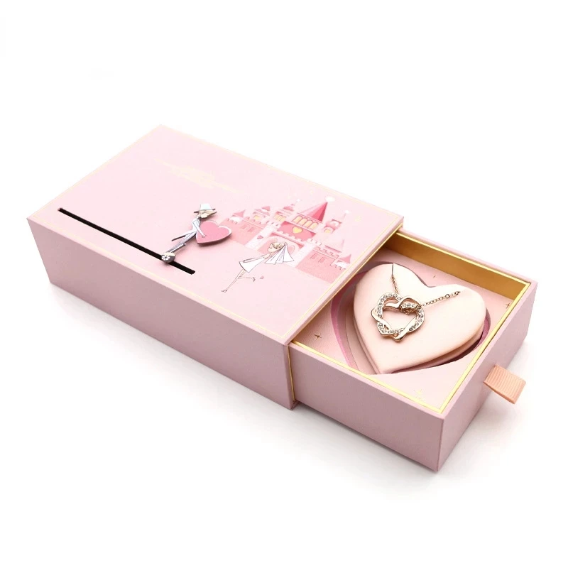 

New Wedding Cardboard Jewelry Boxes Engagement Romantic Gift Casket Pendent Necklace Ring Packaging Case