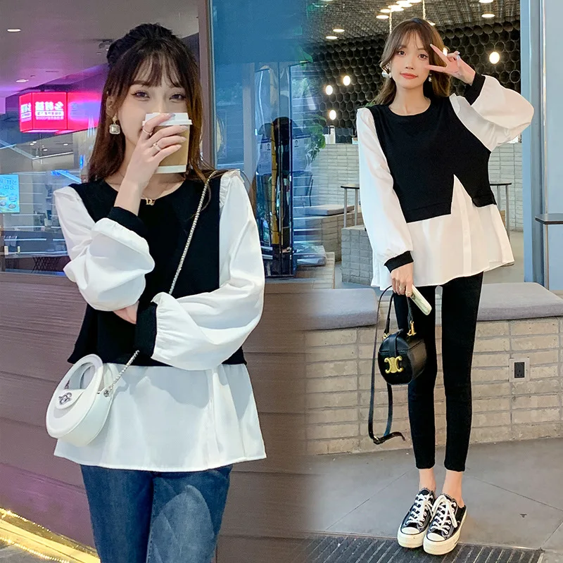 

2024 Autumn Pregnancy Cotton Shirts Block Color Patchwork Maternity Blouses Pregnant Women's Sweatshirts Fashion Hoodies Clothes