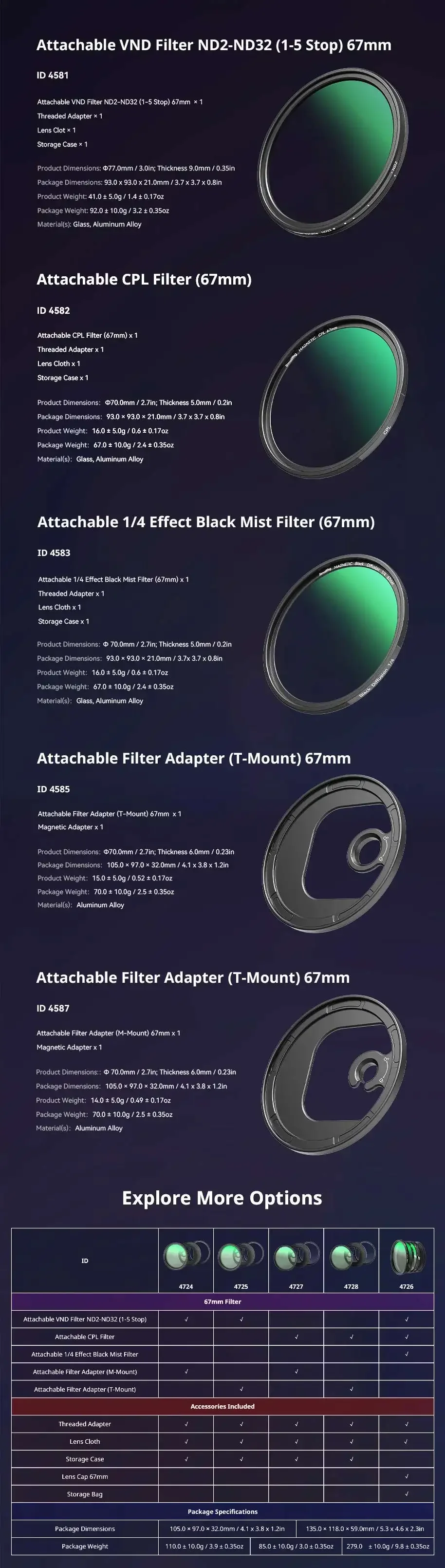 SmallRig 67mm Attachable Filter Kit VND 2-32 & CPL & 1/4 Effect Black Mist Filte