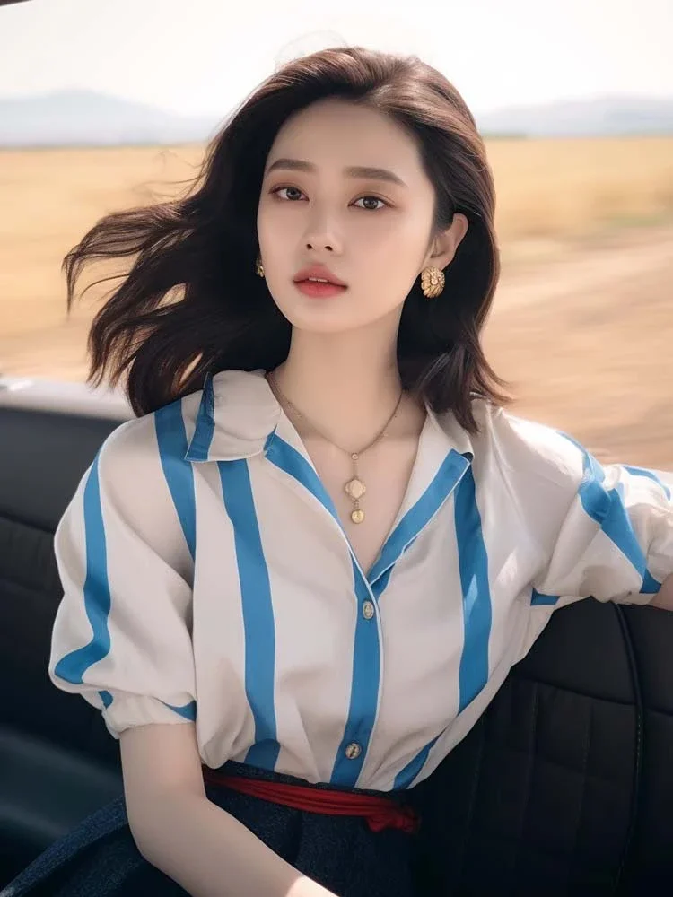 Chiffon Women's Shirt Summer Stripe Vintage Blouses Loose Short Sleeve Women Tops Polo-neck Fashion Clothing 2024 Korean