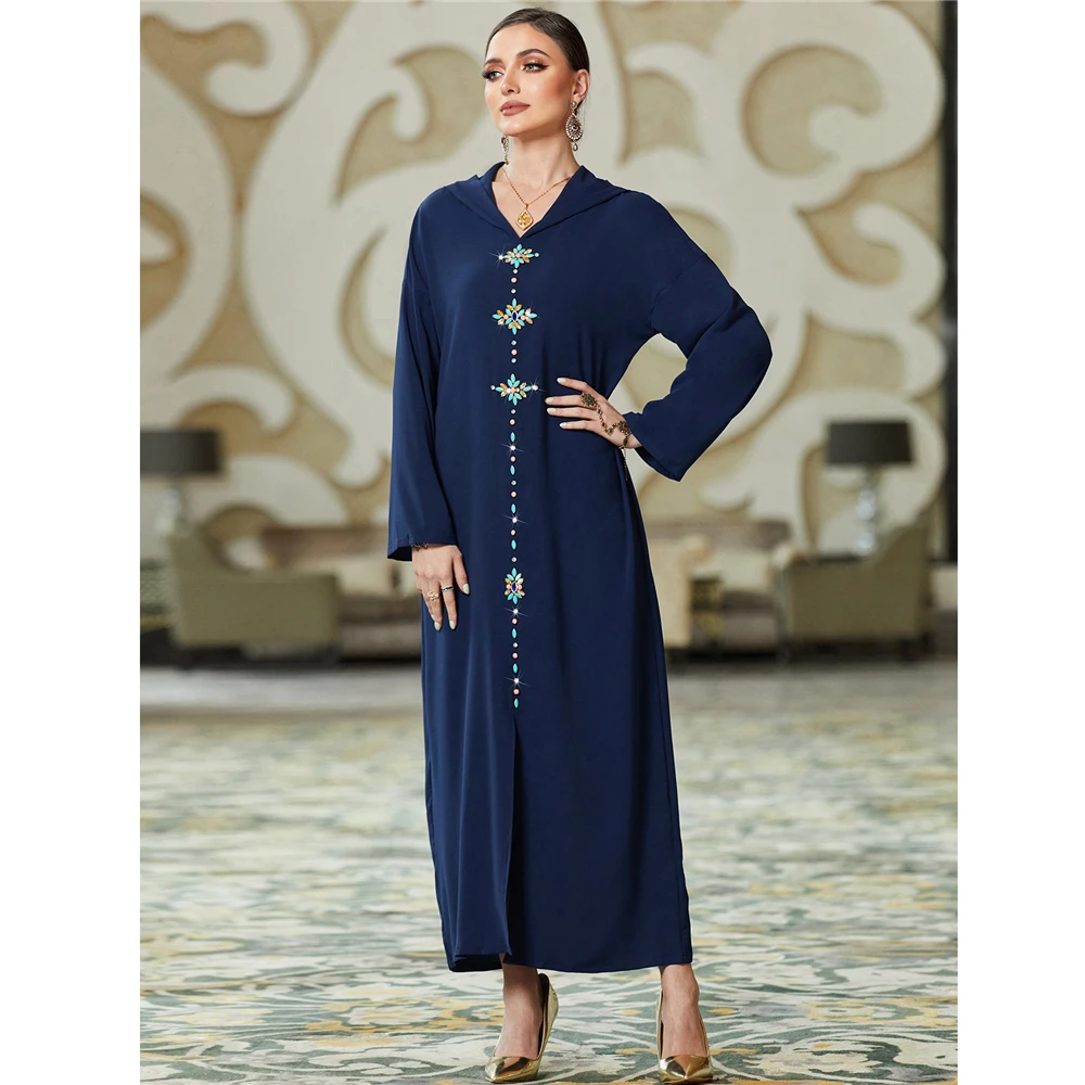 

Dubai Abayas Hooed Diamonds Women Muslim Long Sleeve Maxi Dresses Kaftan Turkey Arabic Party Ramadan Eid Moroccan Jalabiya Gowns