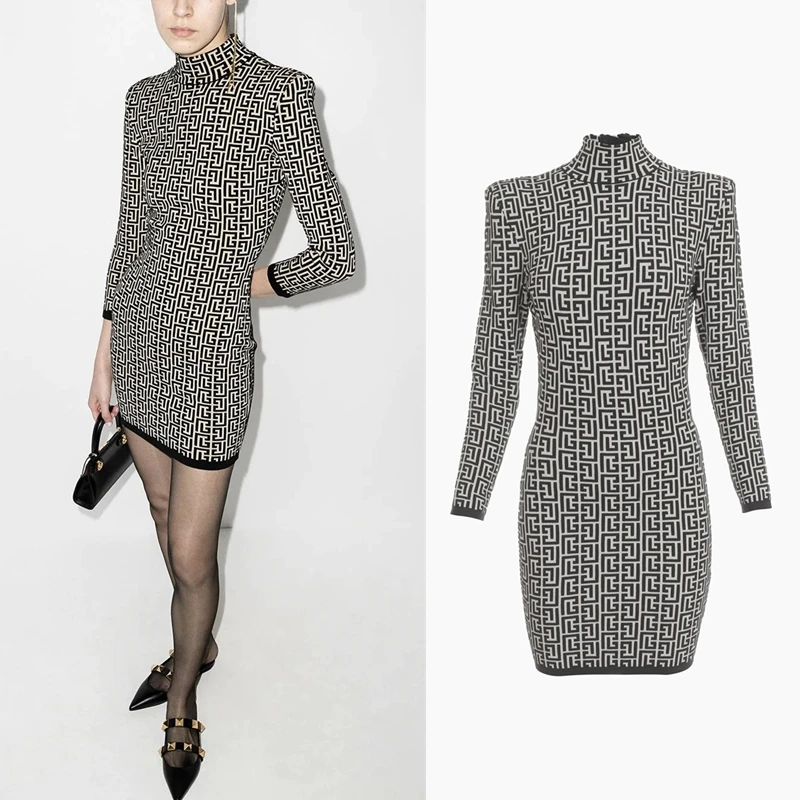 

Early Autumn 2022 New Temperament European And American Geometric Jacquard Long Sleeve Elastic Tight Knit Women's Dress
