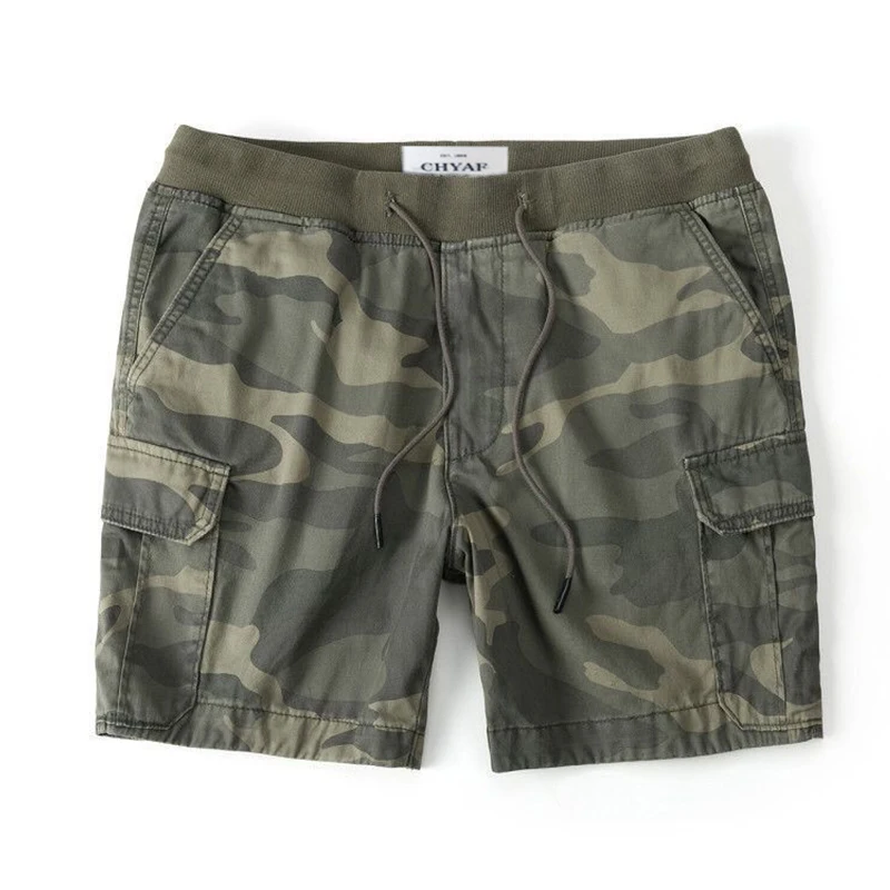 Men Summer Cargo Shorts Pants Elastic Waist Camouflage Shorts Multi-Pockets Casaul Straight Cut Drawstring Trendy Beach Shorts 4