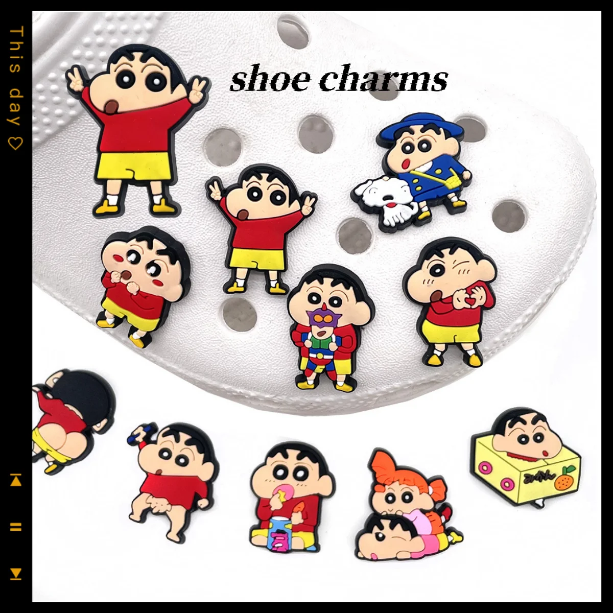 Crayon Shin-chan Anime-Schuh-Charms, abnehmbare Crocs-Puppen, Gartenschuh-Dekorationsanhänger für Crocs, Großhandel, PVC