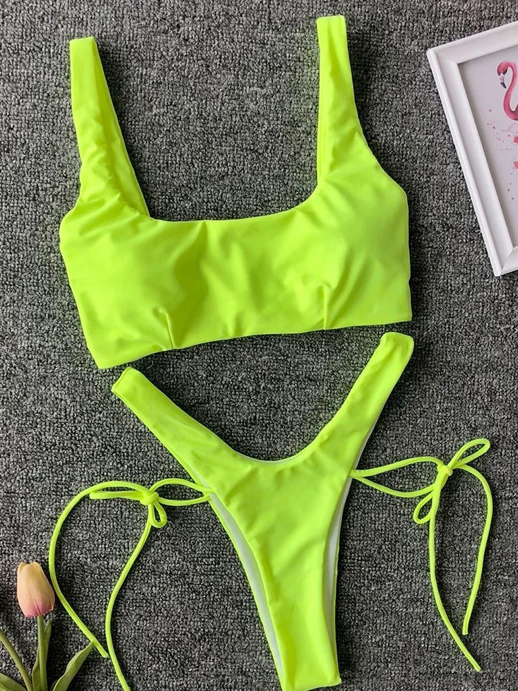 

New 2024 Neon Green High Leg Cut Bikini Female Thong Swimsuit Women Brazilian Swimwear Two-pieces Bikini set Bather Bathing Suit