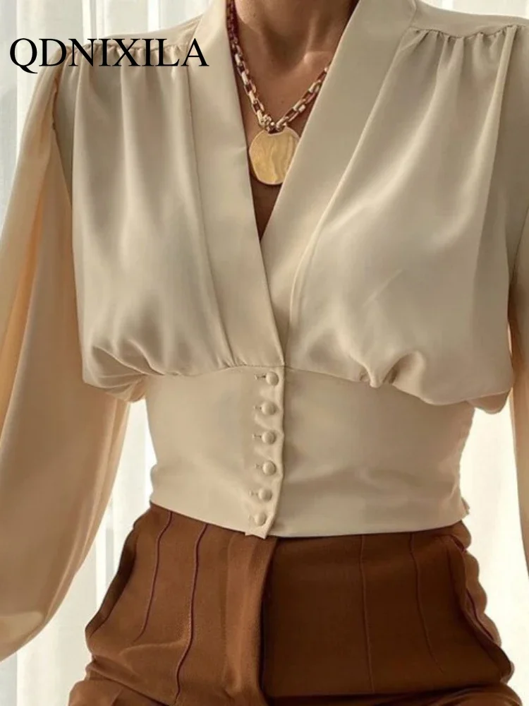 Spring and Summer Women\'s Shirt Temperament Commuter Cardigan Waist V-Neck Long Sleeve Lantern Sleeve Shirt Blouse  Women Tops