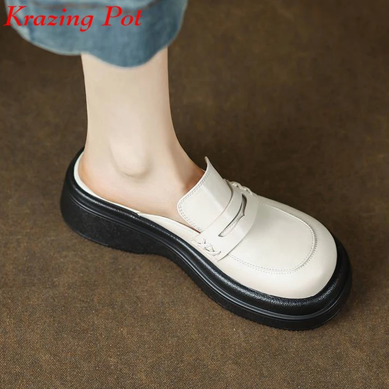 

Krazing Pot Cow Leather 2023 Mules Flat Platform Summer preppy style High Street Fashion Round Toe Women Casual Outside Slippers