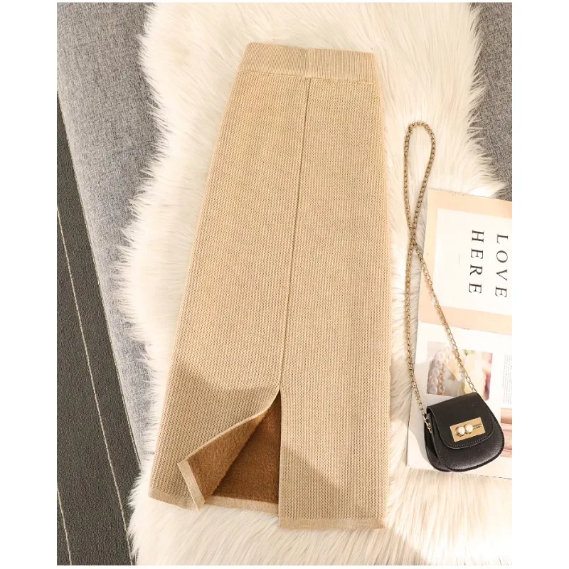 

Thickened Mink Knitted Half Length Skirt for Women's Autumn/Winter Mid Length Straight Split Split Wrap Hip One Step Skirt