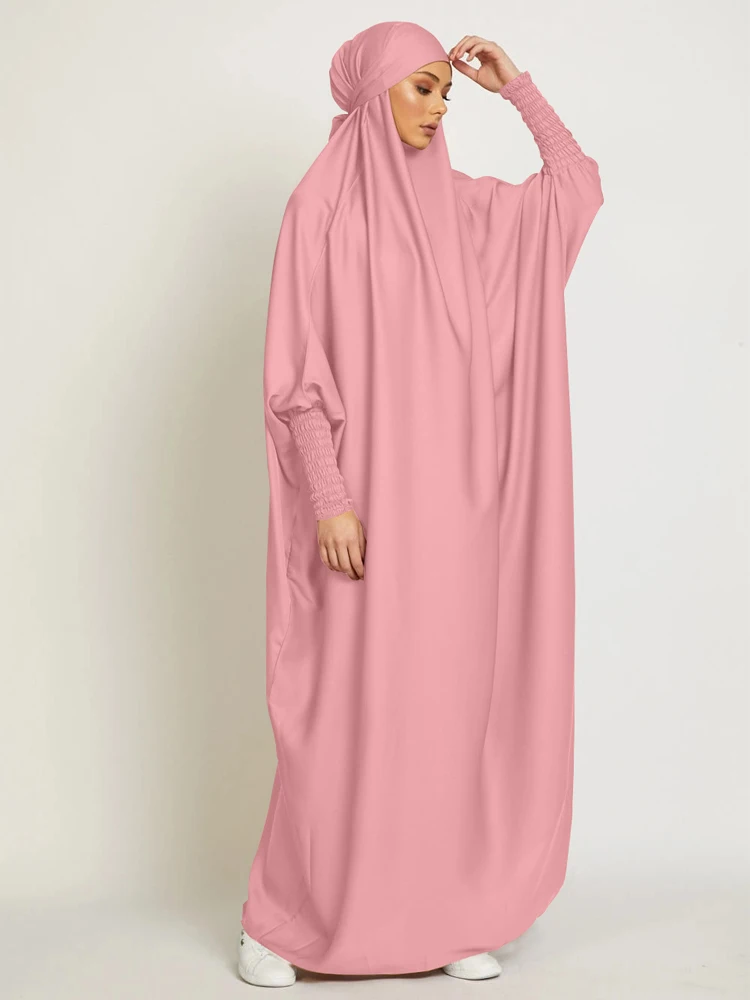 Muslim Women One-piece Prayer Dress Hooded Abaya Smocking Sleeve Islamic Clothing Dubai Saudi Black Robe Turkish Modesty