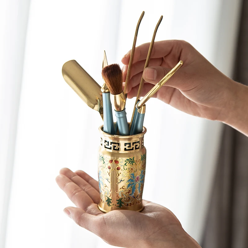 Enamel Color Tea Ceremony Six Gentlemen Household Brass Antique Tea Knife Spoon Clip Kung Fu Accessories