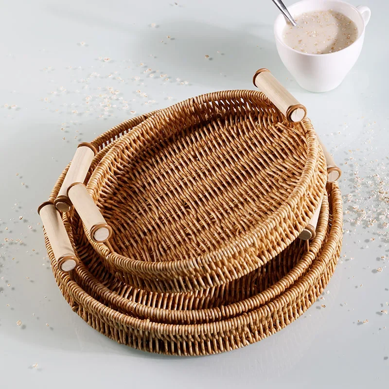 

Mifuny Wovens Storage Trays Japanese Style Plastic Imitation Rattan Woven Circular Bread Basket for Household Breakfast Plates