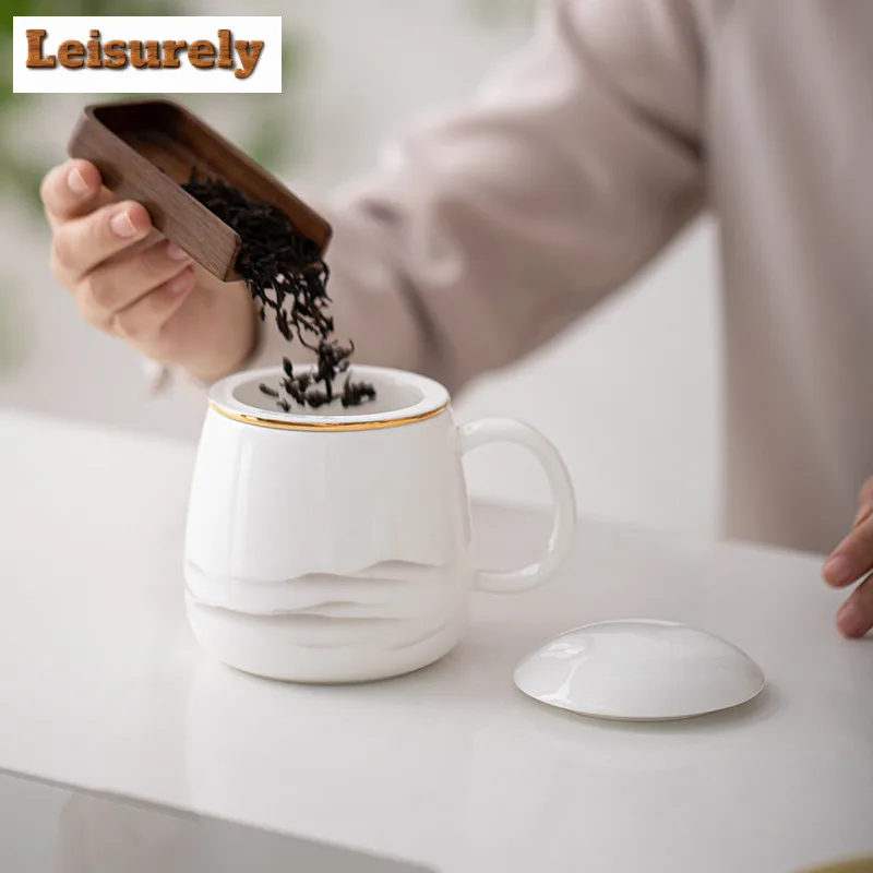 Sheep Fat Jade White Porcelain Ink Far Mountain Filter Tea Separator Cup Retro Tea Mug With Infuser Tea Soaking Office Water Cup
