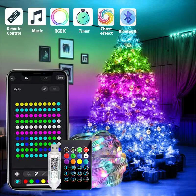Usb Bluetooth Smart Led String Lights Dream Color Music Ws2812 Rgbic Led Fairy Light Ip67 Impermeabile Per La Festa Di Natale 5V