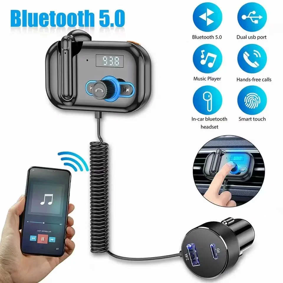 

HANGBEIKA 2022 Bluetooth Earphone Bluetooth Handsfree Car Kit FM Transmitter Modulator Mp3 Player With PD18W+2A USB Car Charger