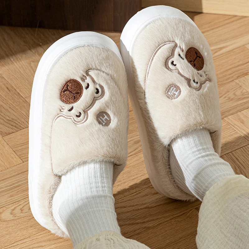 Thick Sole Fluffy Home Slippers Women Winter Indoor Thicken Warm Lovely Cotton Slides Woman Couples Non Slip Bedroom Slippers