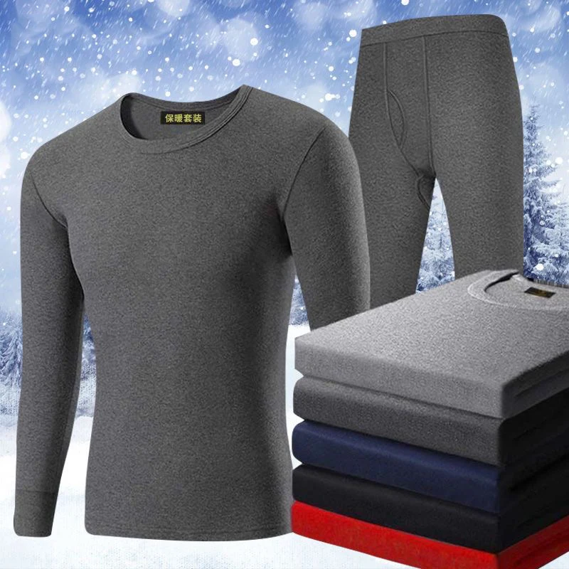 New Winter Thick Warm O-Neck Shirt + Pants Set Men Fleece Casual Slim Fit Winter Base Shirts Suit Keep Warm Underwear Sets