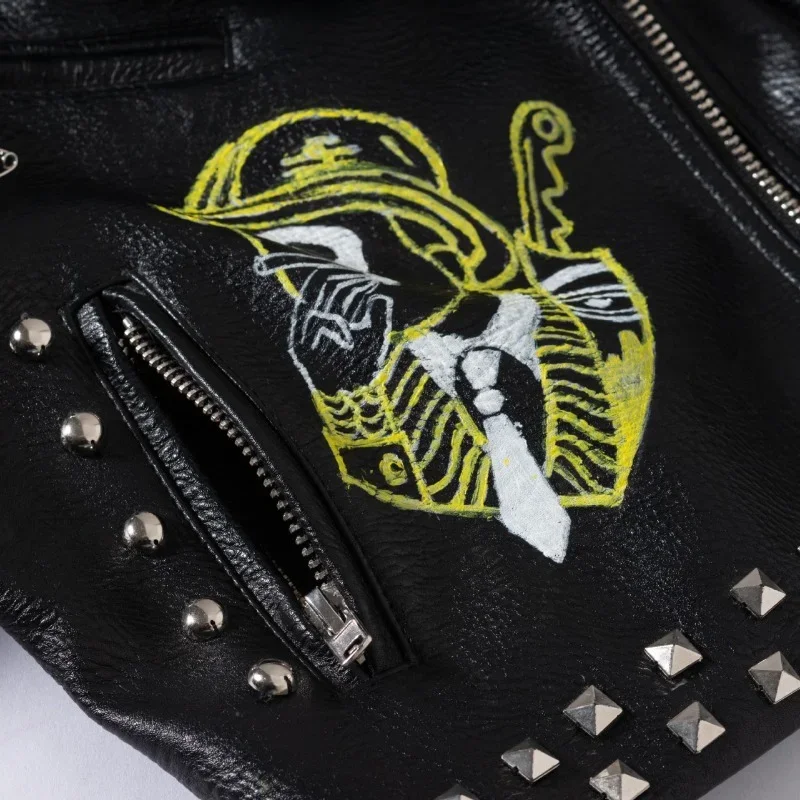 Punk Rivets Motorcycle Jacket Women 2024 Trend Fashion Contrast Color Print Cropped Faux Leather Jackets Black Streetwear