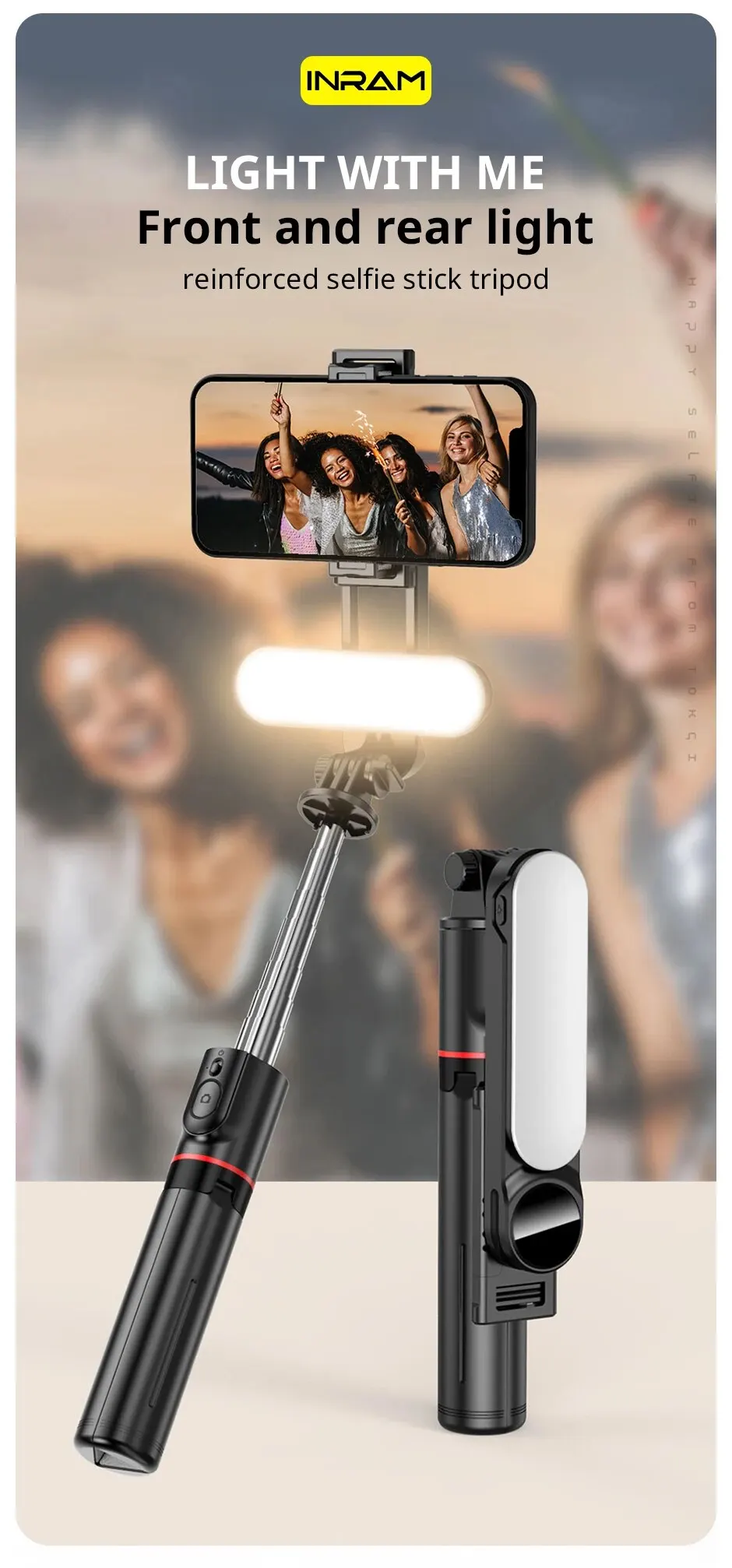 Składany mini statyw do selfie z lampą wypełniającą LED i bezprzewodowym zdalnym wyzwalaczem Bluetooth do smartfonów z systemem iOS i Androidem_voghion.com