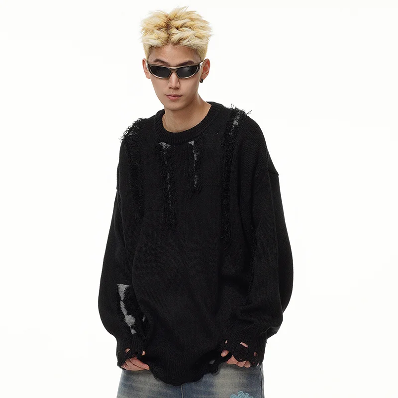 FEWQ High Street Woolen Design Round Neck Men's Sweater Autumn Winter American Male Pullover Long Sleeve Casual 24E5351 5