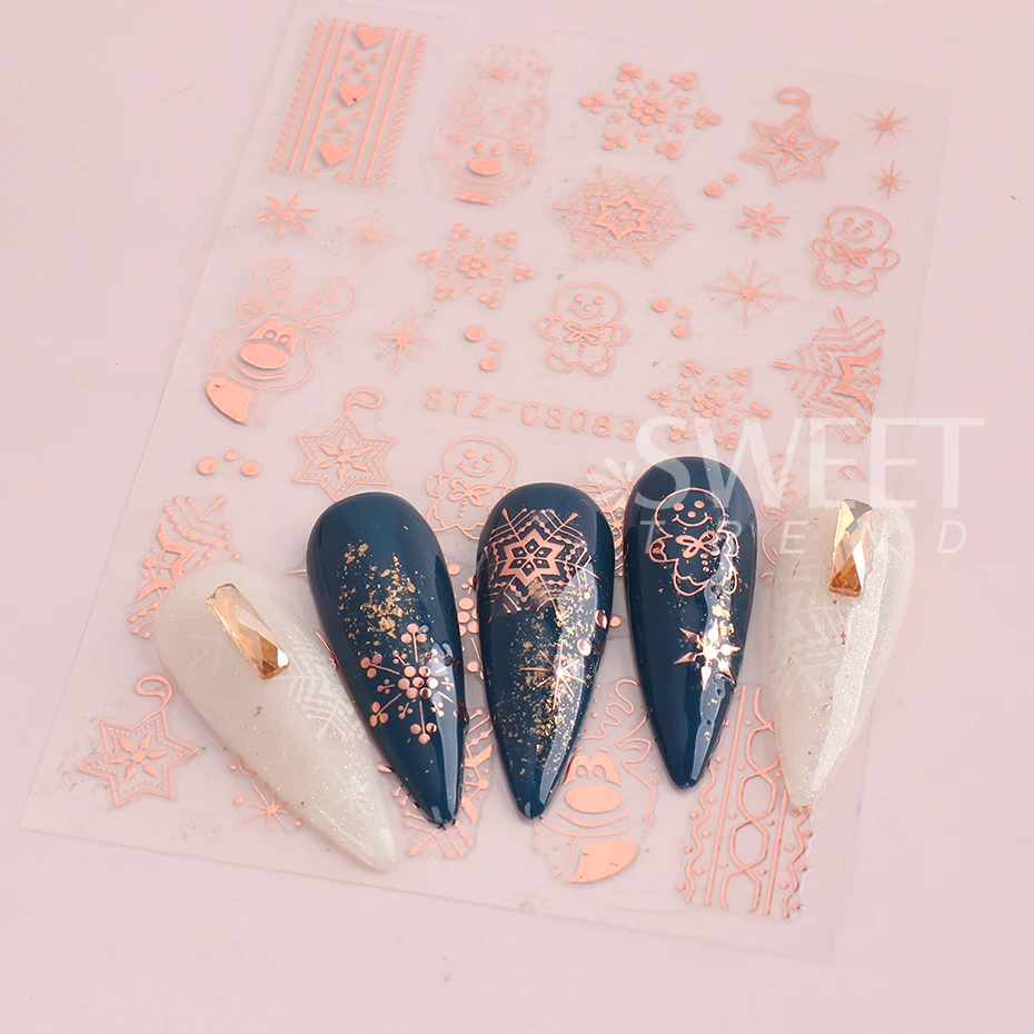 2pcs 3D White/Rose Gold Christmas Nail Sticker New Year Snowflake Decal Holographic Elk Gingerbread Man Slider Manicure Decor