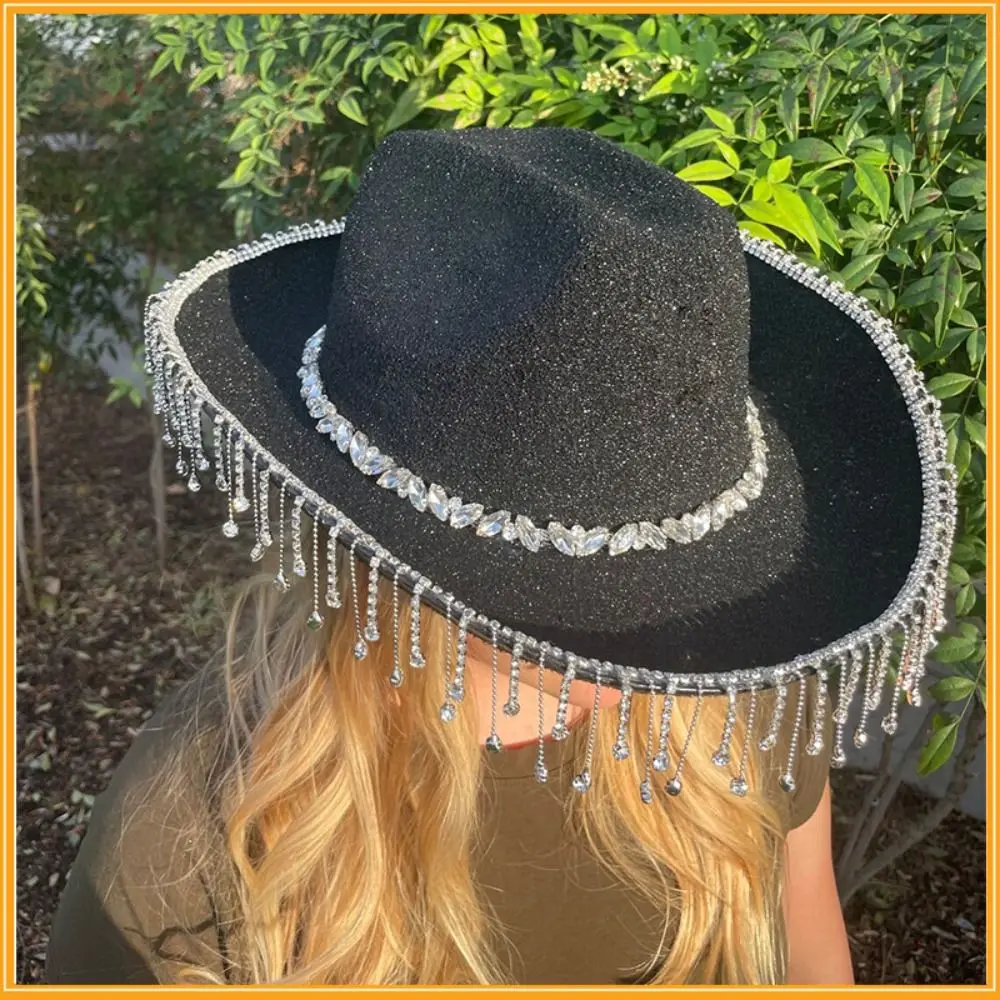 

Women Party Novelty Funny Rhinestone Cowboy Hat Rock Girl Carnival Cap Cowgirl Hats Diamond Tassel Chain Pendant Cap