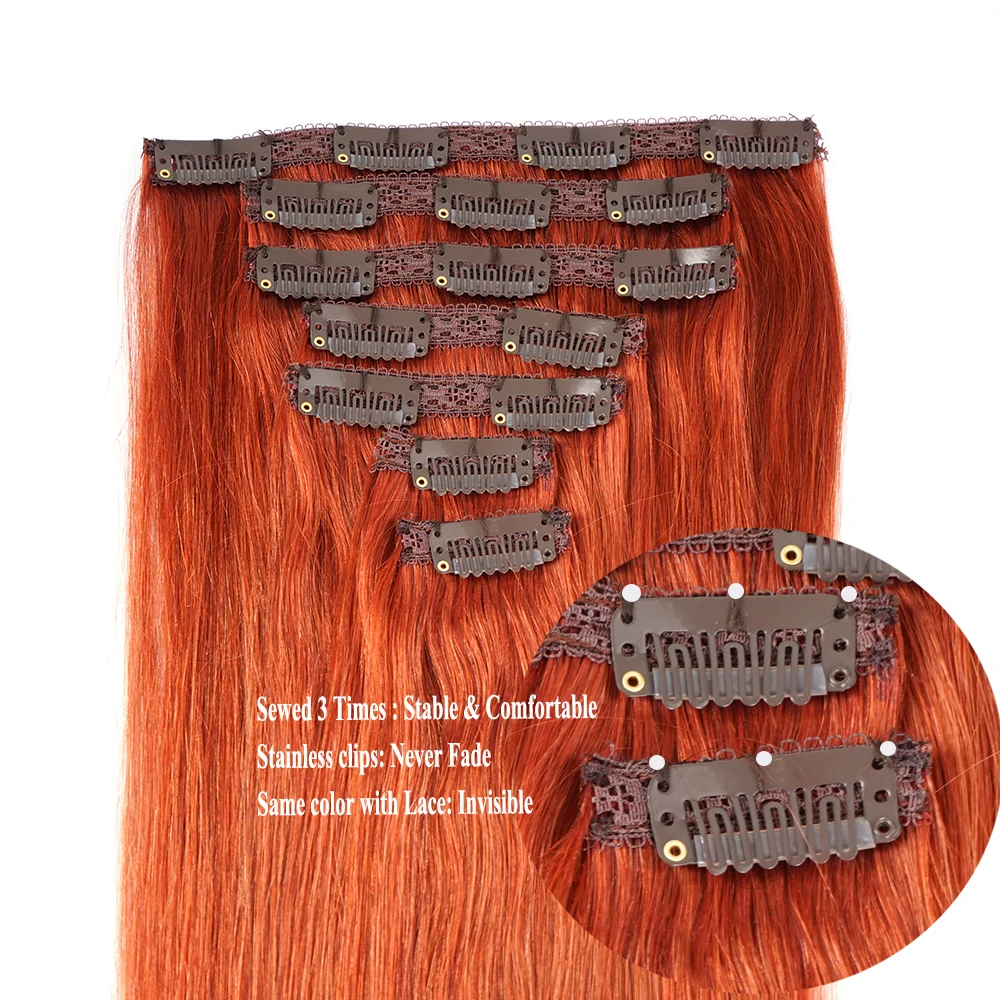 Doreen Europ Hair Clip in 110G to 200G Real Human Hair Clip in Extensions Copper Red Natural Clips Sewed On Weft