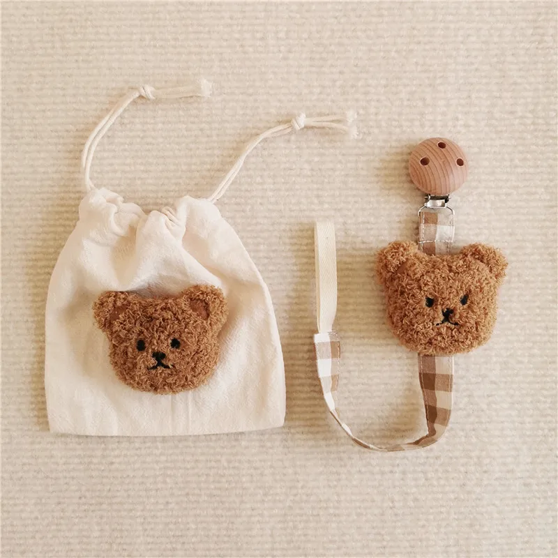 Ins 귀여운 곰 나무 수더 클립 아기 젖꼭지 홀더 격자 무늬 낙하 방지 체인, 신생아 젖꼭지 젖꼭지, 먼지 봉투 포함 더미 클립