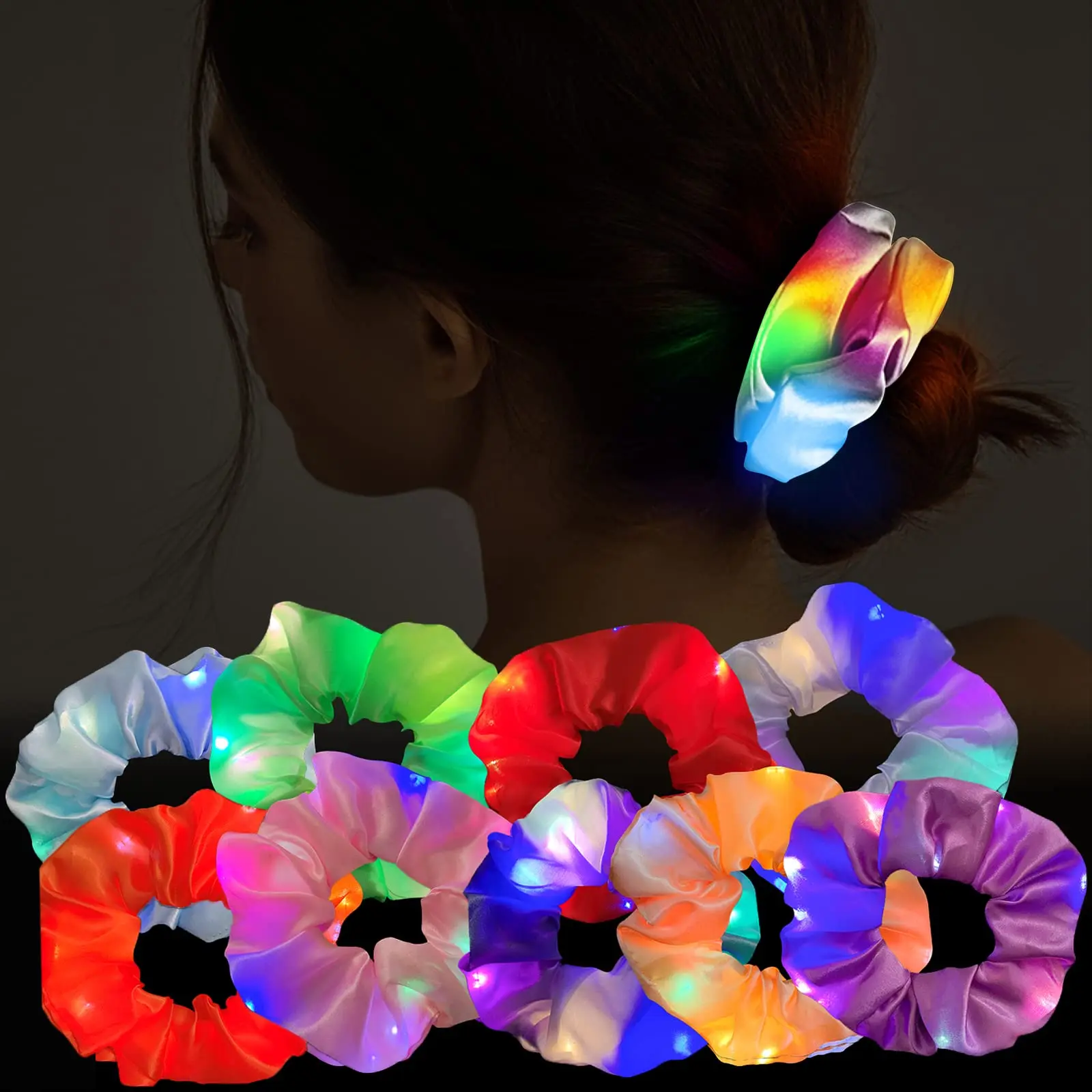 Luminous Hair Bands Birthday Party Decorations 9 Pcs LED Light Hair Scrunchies Satin Elastic Bands Ties Ropes Girls Halloween Christmas Glow In The Dark