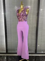 Light Purple Women Sleeveles Sexy V-Neck Shinning Sequins Feathers Bodycon Bandage Long Jumpsuit Nightclub Party Celebrate Wear - Image 2