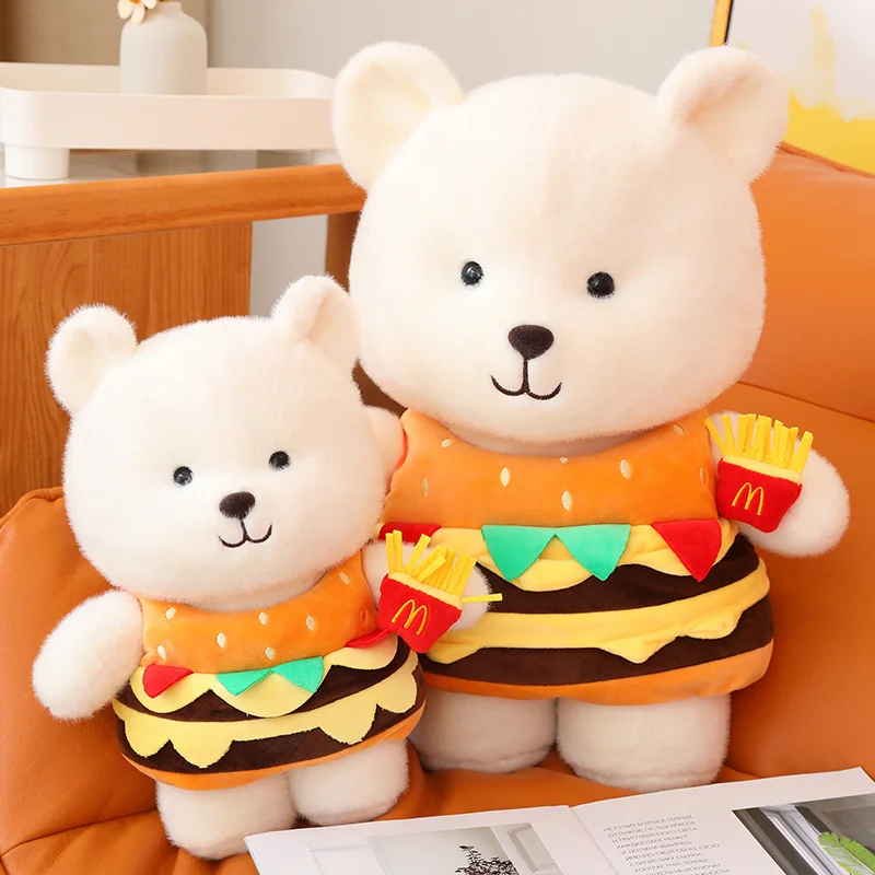 Creative Anime Hamburger Teddy Bear Holding French Fries Plush Toy Cute Stuffed Animals Doll Pillow for Girls Boys KidXmas Gifts custom custom for hamburger burger french fries fried chicken wing paper boxes children kids snack finger fast food packaging co