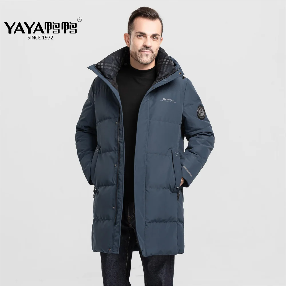 

YAYA 2023 Man Duck Down Jacket Stand Collar Hooded Windbreak Waterproof Long Thick Coat Slim Fit European Style Padded Parka