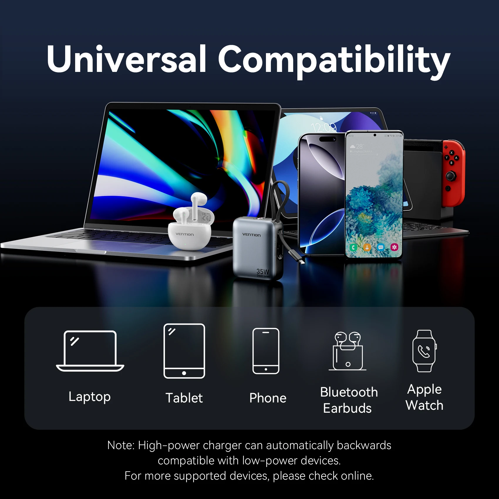 Vention Mini Power Bank 10000mAh 35W PD Fast Charger Spare Auxiliary Battery Portable Powerbank with Built-in Type C/L Cables 6