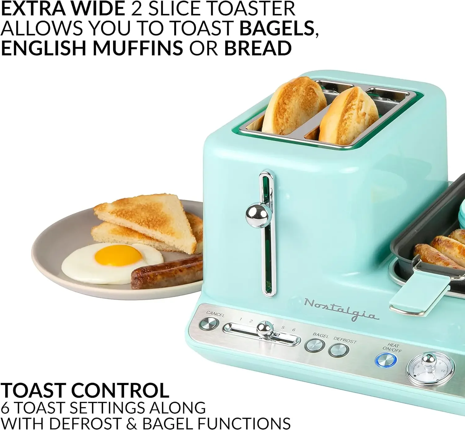 NEW Classic Retro 3-in-1 Breakfast Station, 2-Wide Slot Toaster With Adjustable Toasting Control, Non-Stick Griddle