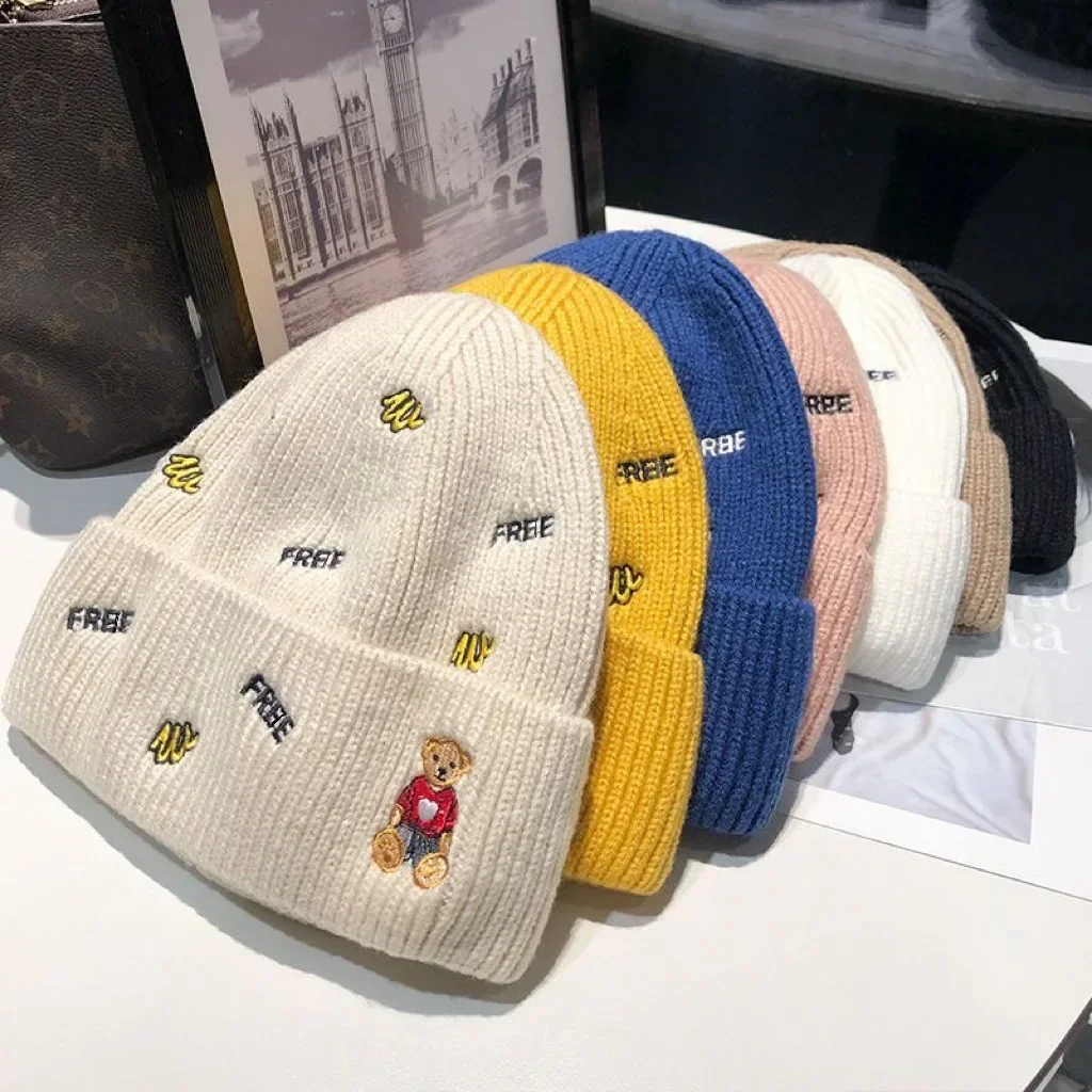 2023 New Bear Letter Wool Hat Woman Korean fashion Cap Trend Warm Ear Protection Cute Winter Knitted Hat Tide