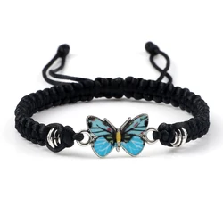 Elegant Handmade Braided Bracelet with Blue Butterfly Pendant (Black)